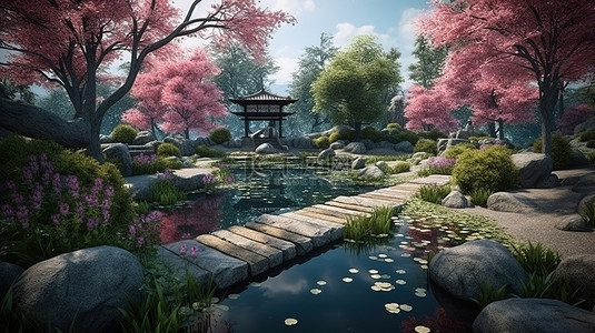 荷叶插画背景图片_宁静的春天日本花园以令人惊叹的 3D 插图呈现
