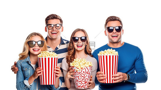 男性火爆背景图片_戴着 3D 眼镜和爆米花的快乐家庭在白色背景的孤立电影院里欣赏电影