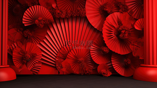 3D渲染中国新年主题与红纸扇和舞台装饰