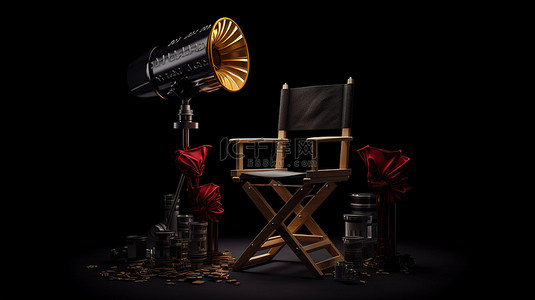 电影背景图片_黑色背景下导演椅拍板和扩音器的戏剧世界 3D 渲染