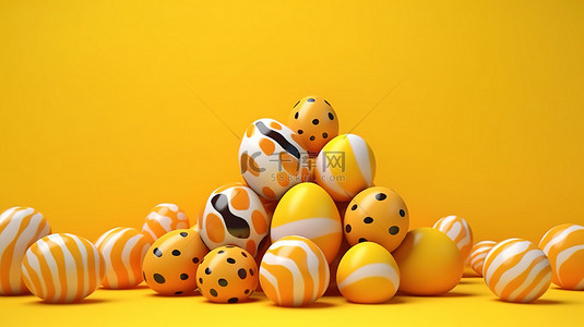 吃鸡背景图片_黄色背景上彩色复活节彩蛋的 3d 渲染