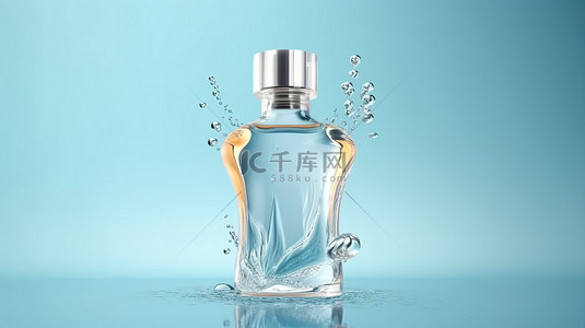 蓝色背景上香水喷雾瓶样机的 3D 渲染，带有水溅和文本空间