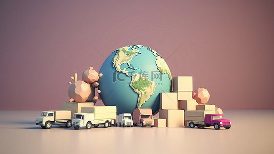 数字场景中的 3D 地球堆箱子卡车飞机和货车