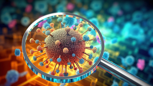 细菌放大背景图片_以放大镜和病毒为特色的医疗内容的 3D 渲染