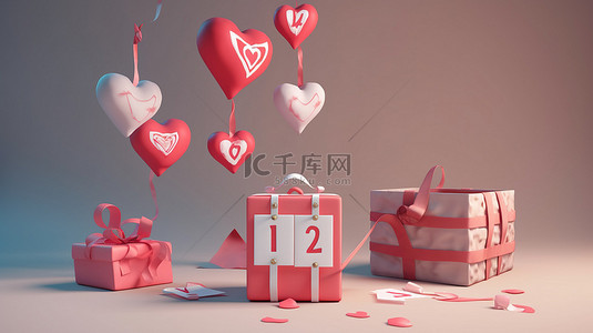 浪漫的情人节背景 3d 渲染，带有飘动的心形日历和礼品盒
