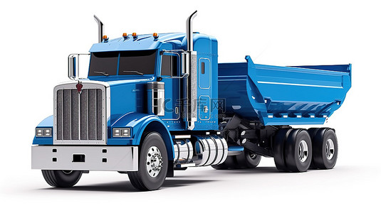 白色背景的 3D 插图展示了一辆大型蓝色美国卡车，拖着一辆带有自卸卡车的拖车，用于运输散装货物