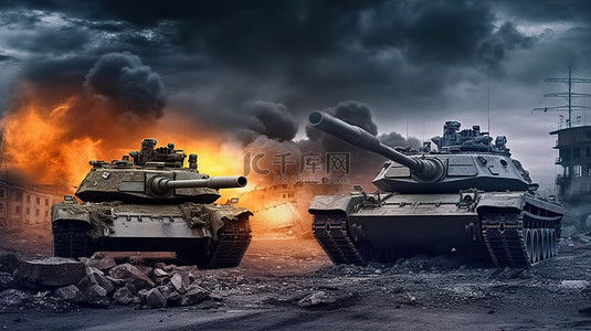 一个超现实的 3D 战争描绘，在迷雾摧毁的建筑物的背景下，两辆主战坦克