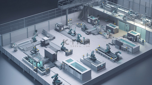 以机器人装配线为特色的工厂内部等距 3D 渲染