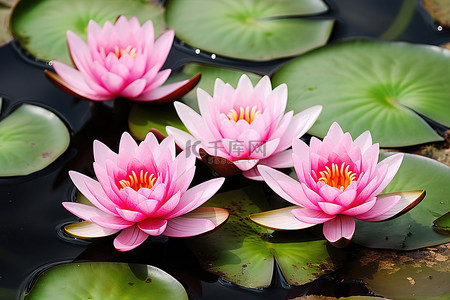 池塘里的一群粉红色睡莲