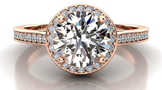 玫瑰金大教堂柄戒指的 3D 渲染，带圆形钻石光环和侧面宝石 PAV