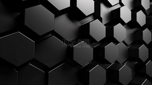 干净的黑墙背景中的简约 3D 几何六边形