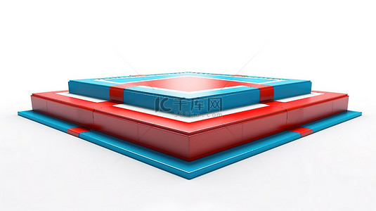 现代拳击场动态 3D 可视化，在原始的白色工作室背景下呈现充满活力的蓝色和红色角