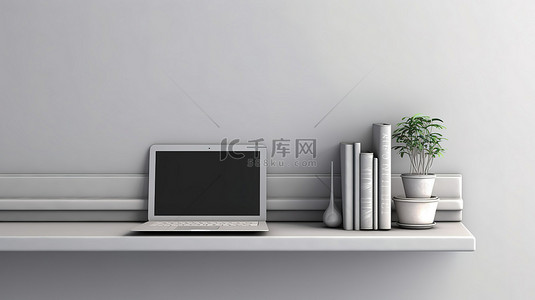 灰色架子背景上笔记本电脑的 3D 插图