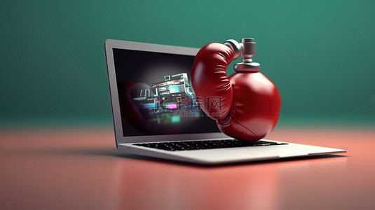 健身例程的 3D 插图，配有笔记本电脑自行车拳击手套哑铃和应用程序，非常适合在线运动爱好者