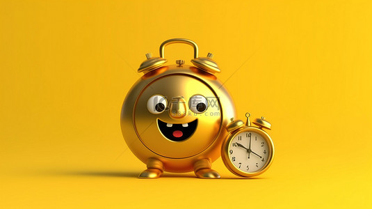 黄色背景上的闹钟装饰人物吉祥物，持有金色忠诚计划奖金硬币 3D 渲染