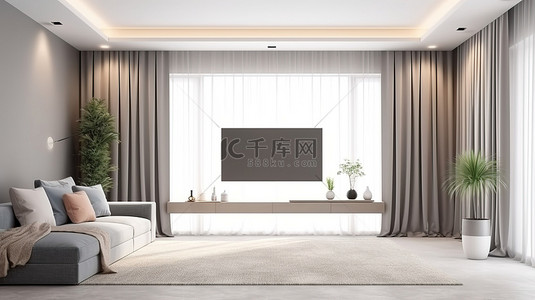 灰色窗帘背景图片_白色色调房间的 3D 渲染，配有电视柜和灰色窗帘，没有家具