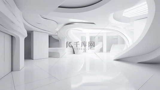 空白开放空间背景图片_极简主义陈列室 3D 渲染，白色墙壁和开放空间设计未来派室内概念