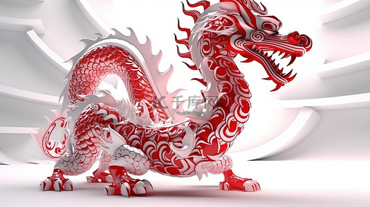 中国轮廓背景图片_优雅的 3D 渲染展示白色东方龙轮廓，饰有充满活力的红色部落图案