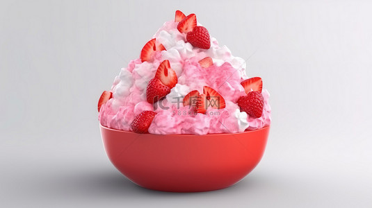 卡通风格 3D 渲染刨冰与草莓顶在白色隔离背景