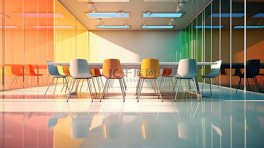 以 3D 渲染的抽象风格的现代多彩会议室的特写视图