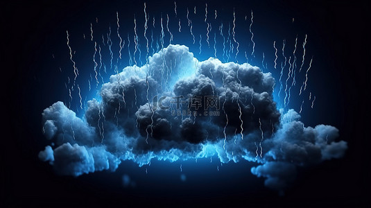 生动的蓝色 3D 背景上有大雨和雷声的险恶风暴云