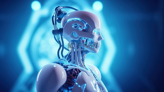 科技脑背景图片_创新医疗技术具有白脑的 3D 渲染人工智能机器人