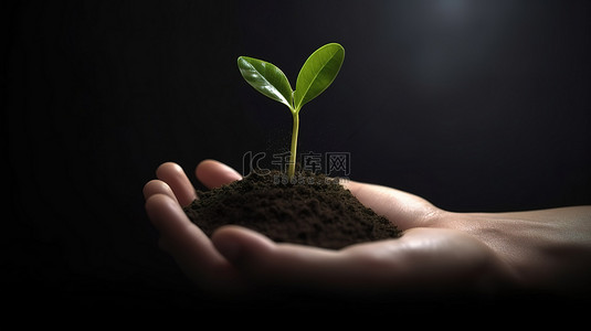 行动中的生长手握着土壤种植的芽苗 3D 插图