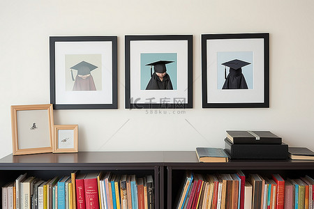 终身背景图片_书架上的书架上装饰着毕业帽
