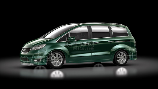 高级商务车 3D 插图绿色小型货车适合家庭城市旅行