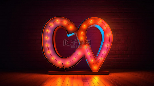 情人节快乐复古爱情标志棕色墙壁上的 3D 霓虹灯插图，用于设计贺卡和横幅