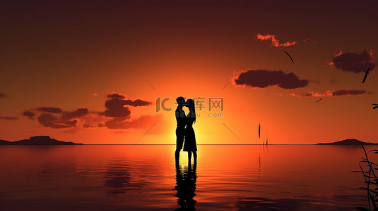 浪漫的日落剪影一对夫妇在 3D 中接吻，反对海洋景观