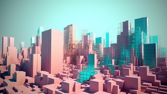白天高耸的摩天大楼和极简主义建筑的明亮大都市的壮观 3D 可视化