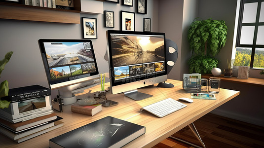 官网网页设计背景图片_家庭办公室桌面上网页设计创建者的 3D 渲染