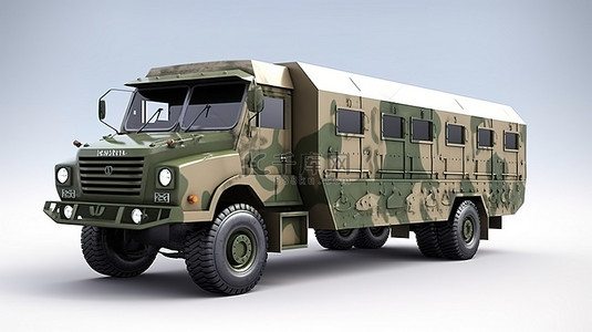 专为在军事行动中运输步兵人员而设计的军用巴士的 3D 插图
