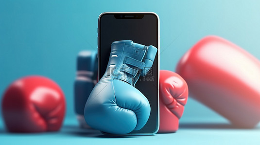拳击背景图片_智能手机拳击手套哑铃和自行车横幅在线健身的 3D 插图
