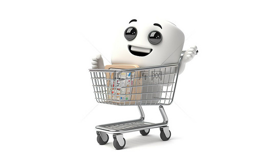 消费者人物背景图片_吉祥物人物现代白色洗衣机在白色背景上推购物车的 3D 渲染