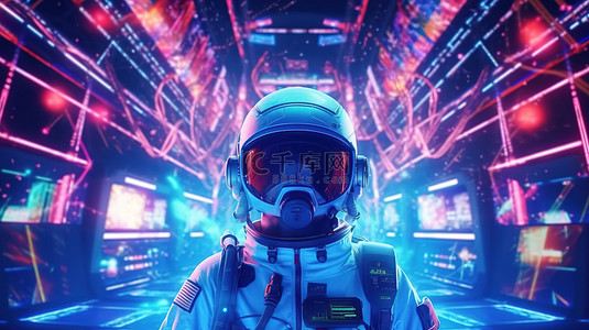 3D 渲染的宇航员沉浸在发光的霓虹灯中，唤起令人兴奋的夜总会气氛