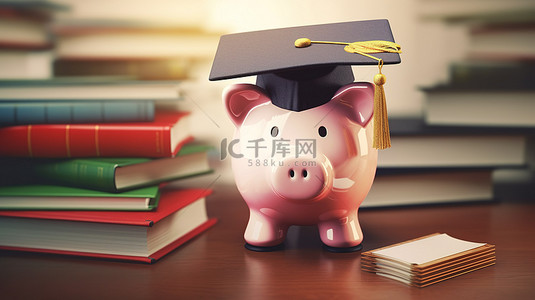 金融教育背景图片_带有毕业帽和代表投资教育和奖学金的书籍的存钱罐的 3D 渲染