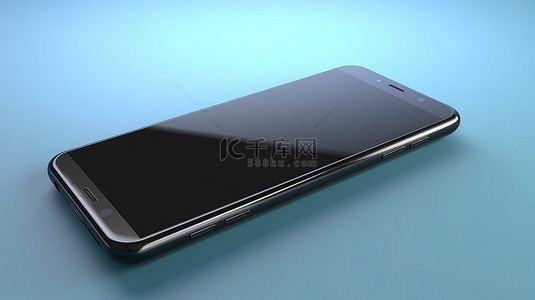 3D 渲染的时尚黑色智能手机非常适合在浅蓝色背景上做广告