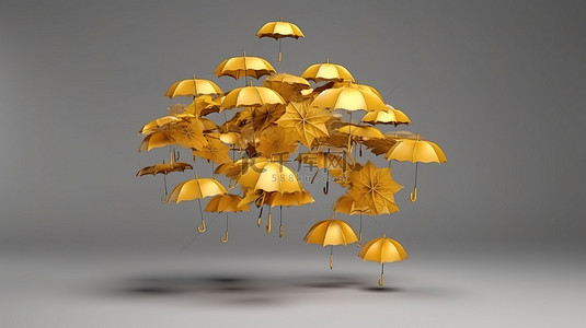 雨伞背景图片_秋季共鸣 3D 渲染灰色背景，带有飞行的黄色雨伞和复制空间的秋季颜色