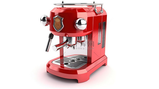 12个月保修背景图片_时尚的浓缩咖啡机，在白色背景 3D 渲染上具有坚固的红色金属保修盾