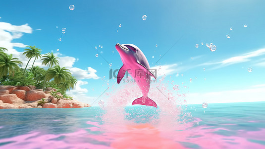 3D 渲染的卡通海豚从天堂岛上的粉红色热带水中跃出