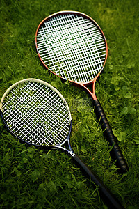 羽毛球羽毛球拍背景图片_放在草地上的两个羽毛球拍