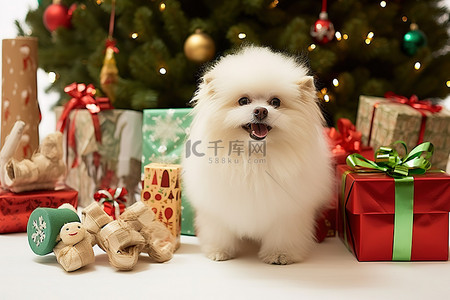 狗站在圣诞礼物和包装纸前