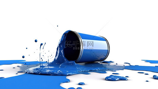 蓝色油漆从罐头流到房屋轮廓上，附近有油漆滚筒，白色背景上的 3D 渲染图像