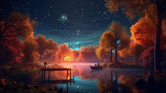 田园诗般的夜间月光秋天风景令人惊叹的宁静自然风光的 3D 插图