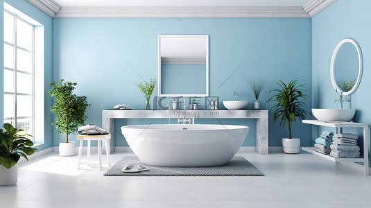 方案室内设计背景图片_3D 渲染豪华宽敞的浴室，配有轻松的蓝色配色方案舒适的白色浴缸凳和毛巾