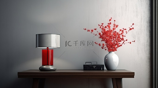 红色中背景图片_灰色房间 3D 室内设计中的简约工作空间木台灯和红色花瓶