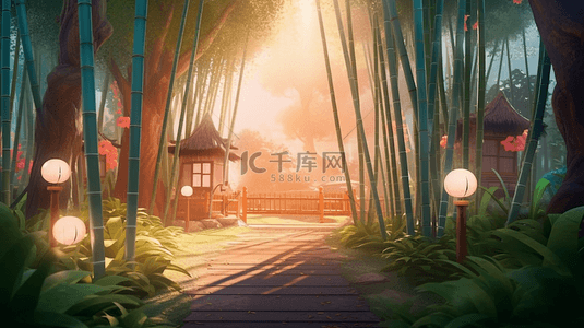 竹林竹屋草地灯光创意插图自然背景