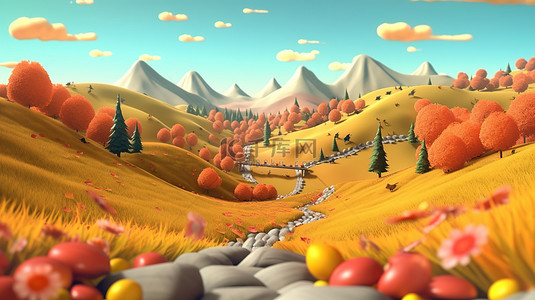 3d 渲染卡通山背景与秋季主题
